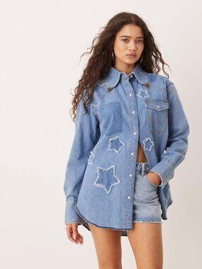 NWT Wrangler Lainey Wilson x Edit "Starry" Western Denim Snap L/S Shirt Lrg